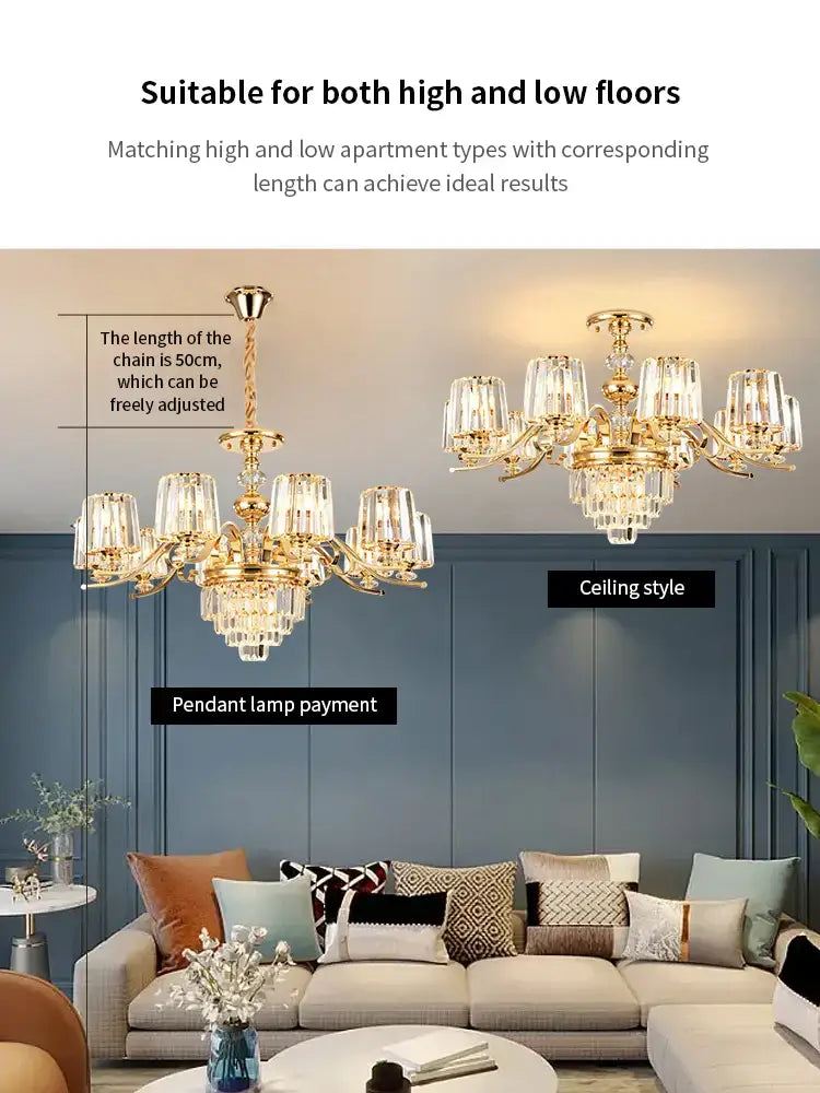 Elegant crystal chandelier gold living room lighting with gold-toned metal and crystal accents by decorbites elegant crystal