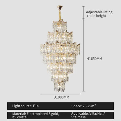 Elegant crystal chandelier gold multi-tiered with k9 crystal strands and electroplated s gold for villa decorbites elegant