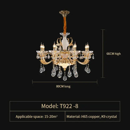 Elegant crystal chandelier with gold-toned copper arms and k9 crystal droplets featuring a white ceramic vase by decorbites elegant