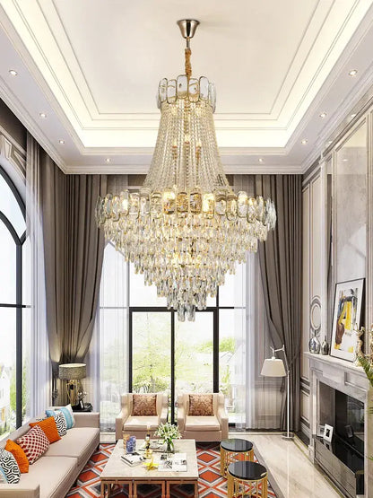 A decorbites elegant crystal chandelier led gold multi-tiered living room light with glass elements and metal frame