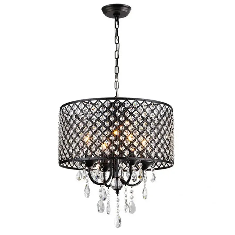 Black metal pendant light with diamond-patterned cage and crystal teardrops for decorbites elegant crystal chandelier decor