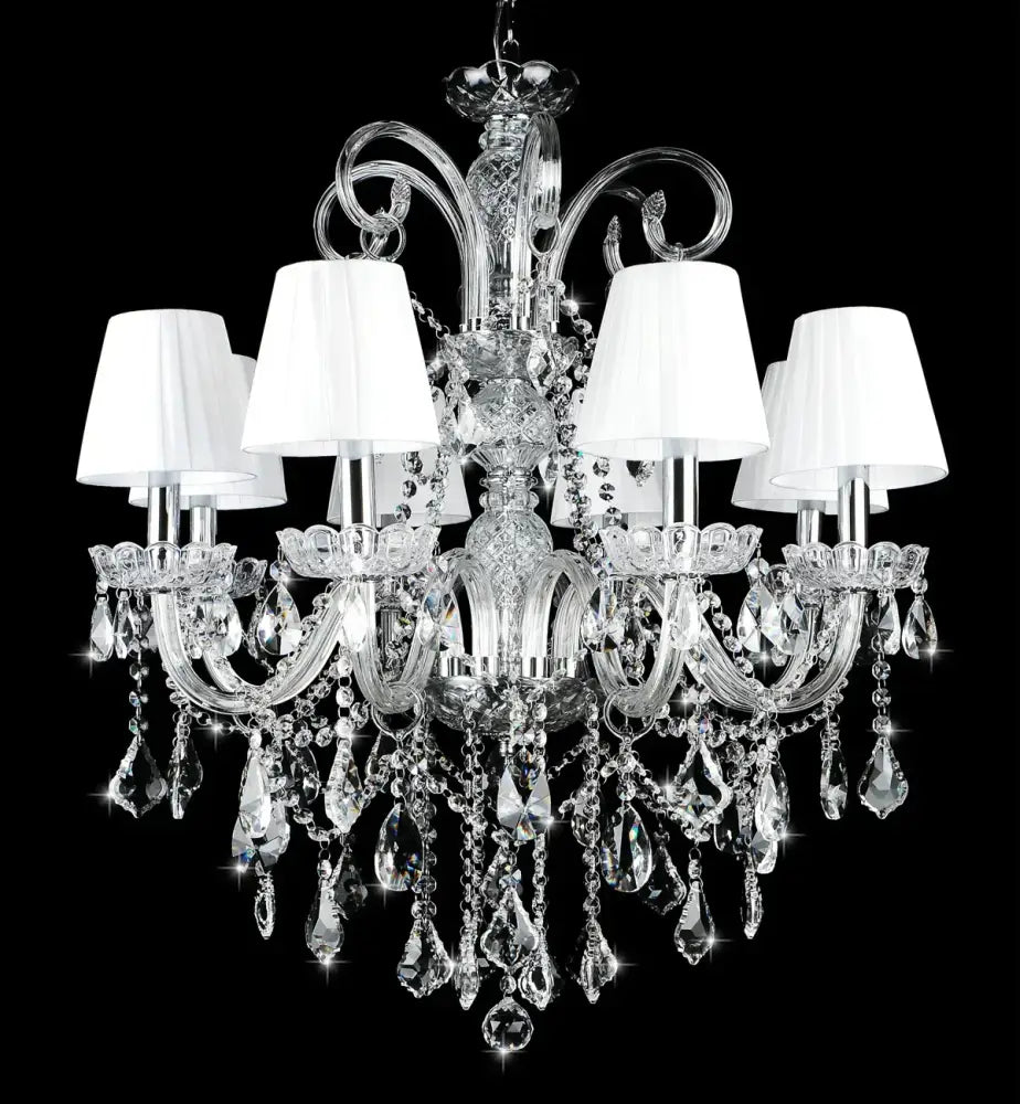 Elegant crystal chandelier with six white shades and teardrop crystals for dining room decorbites elegant crystal