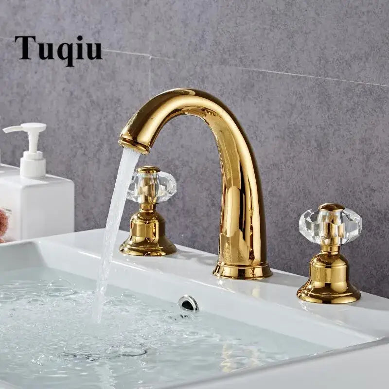 Elegant crystal handle gold basin faucet with polished brass finish curved spout and decorbites crystal handle knobs