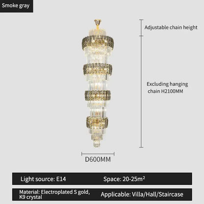 A tall tiered decorbites elegant crystal hollow gold chandelier with k9 crystal elements for living room stairwell light
