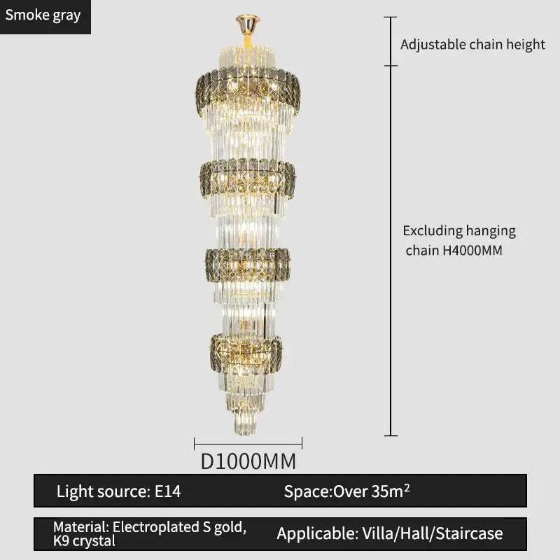 Elegant crystal hollow gold chandelier with electroplated smoke gray tiers and k9 crystal for living room stairwell decorbites elegant crystal