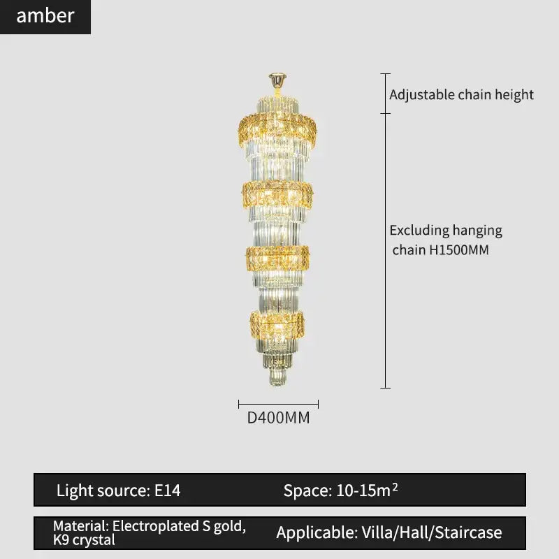 Elegant crystal hollow gold chandelier with cascading k9 crystals designed for villa or stairwell decorbites elegant crystal