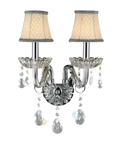 Elegant crystal lamp wall light with chrome finish two beige silk lampshades and dangling teardrop crystals for bedroom decorbites crystal lamp