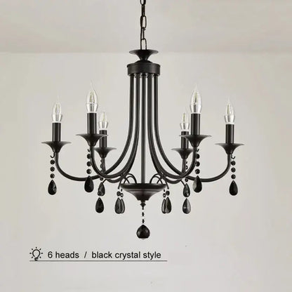 Black wrought iron 6 light elegant crystal pendant chandelier with candle-style bulbs for dining room decorbites elegant crystal