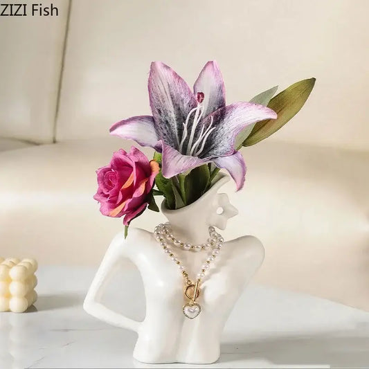 Elegant dames ceramic white woman bust vase figure adorned with pearl necklace holding purple lilies and pink roses