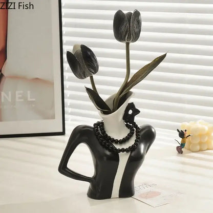 Elegant dames ceramic vase figure in black and white shaped like a woman bust with tulips for bedroom decor
