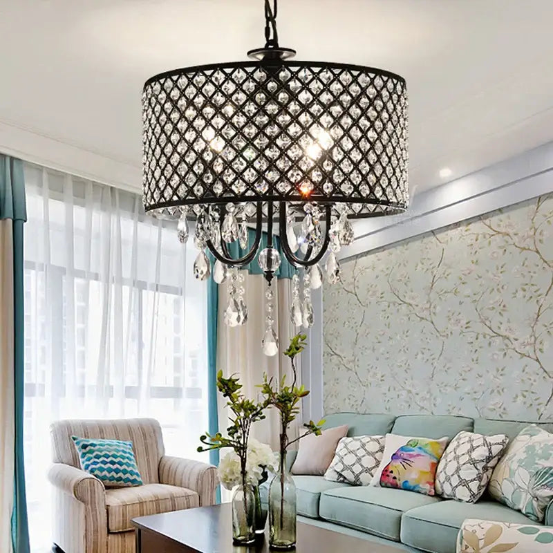 Elegant black metal crystal ceiling chandelier with diamond-patterned cage and teardrop crystals for living room decorbites crystal ceiling