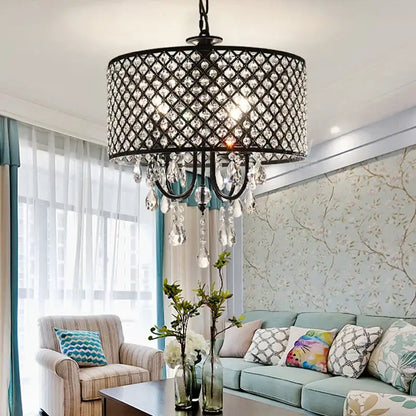 Elegant black metal crystal ceiling chandelier with diamond-patterned cage and teardrop crystals for living room decorbites crystal ceiling
