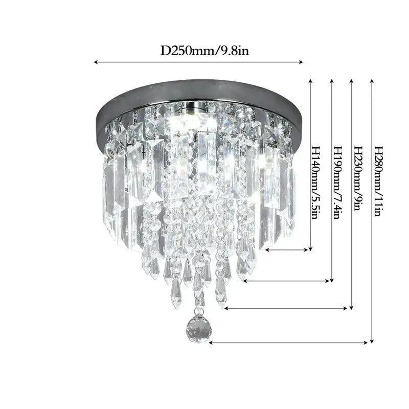 Elegant diamond crystal led ceiling chandelier with chrome finish cascading clear crystal prisms and spherical pendant