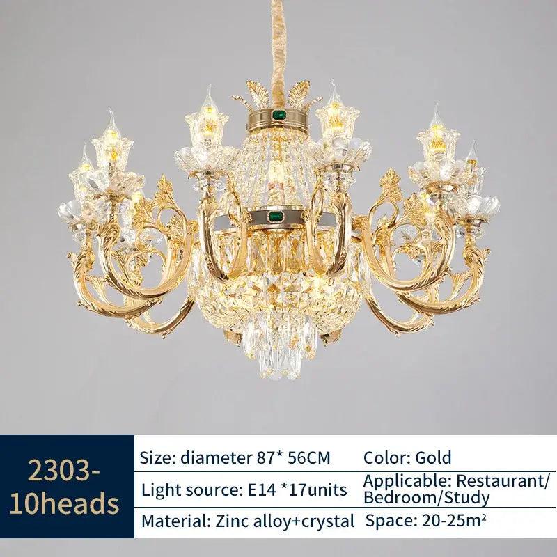 Gold-colored decorbites elegant duplex crystal chandelier with intricate crystal detailing and ornate metal arms for living room