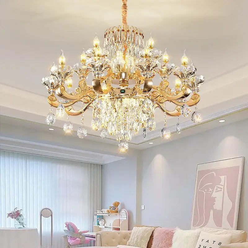 Gold-toned elegant duplex crystal chandelier with intricate droplets and ornate arms for living room decorbites elegant duplex