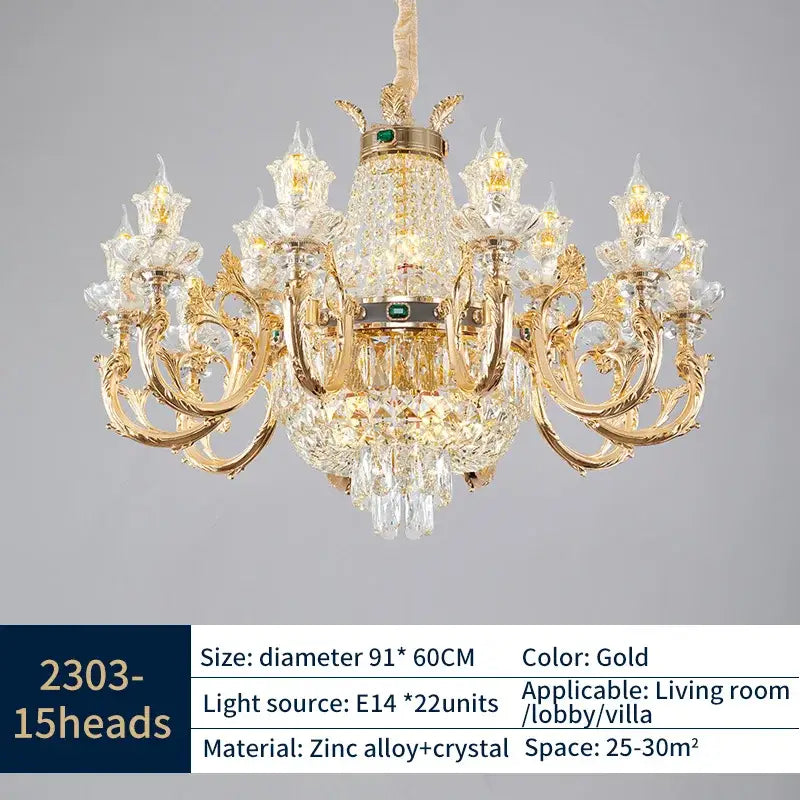 Gold-toned decorbites elegant duplex crystal chandelier with intricate crystal droplets and zinc alloy ornate arms for living rooms