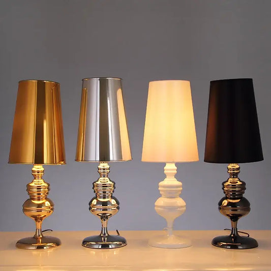 Four decorbites elegant european style bedside lamps with metallic bases and conical shades in gold silver white and black
