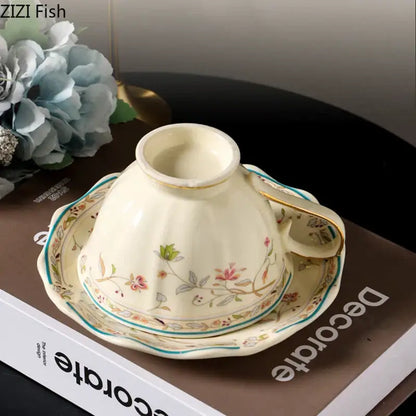 Cream-colored elegant floral ceramic cup and saucer set with delicate patterns and gold-trimmed handle for dining room porcelain