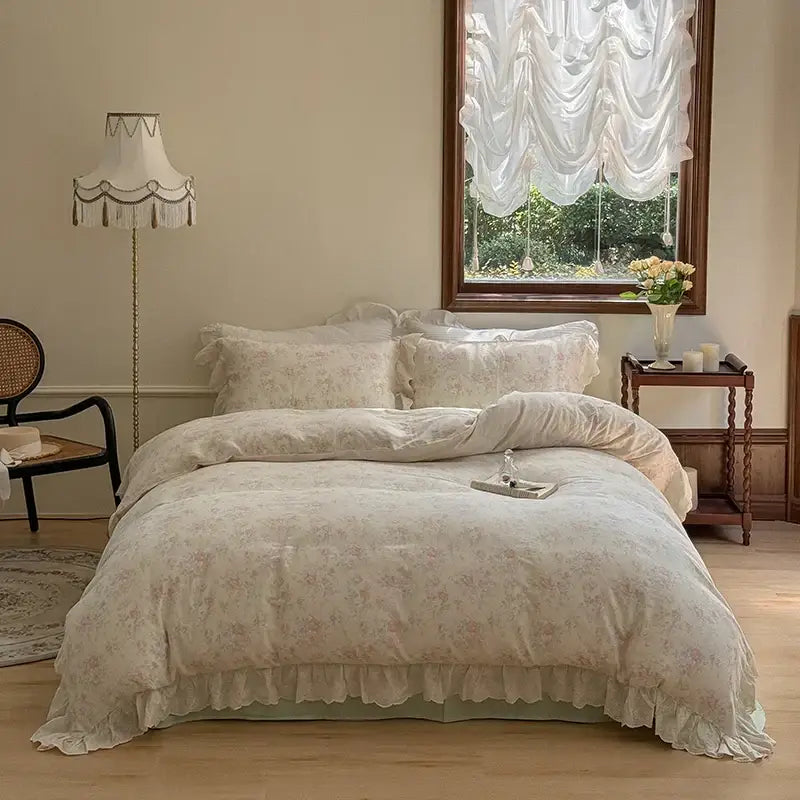 Elegant floral lace ruffles bedding set cream with delicate ruffled edges and soft textured fabric for bedroom use