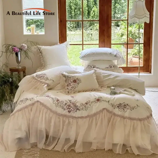 Cream-colored cotton bedding set with elegant flowers embroidery lace and ruffled layers from decorbites elegant flowers collection