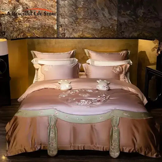 Luxurious rose gold satin bedding set with elegant flowers embroidery and sage green trim by decorbites elegant flowers