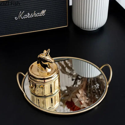 Elegant gold unicorn-themed ceramic jar with brass handle decorbites brass handle storage tray for dining room use