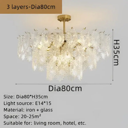 Elegant glass chandelier with three golden iron layers and clear cascading glass petals for dining room decorbites elegant glass