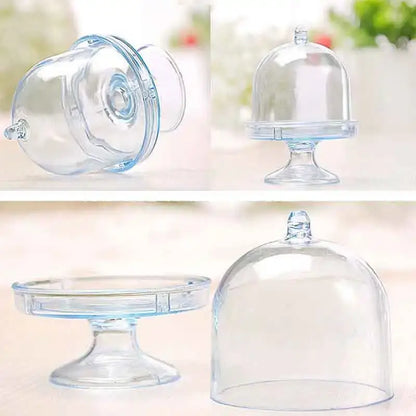 Clear plastic cake dome with matching pedestal base for elegant decorbites candy box tray and dining room party favors