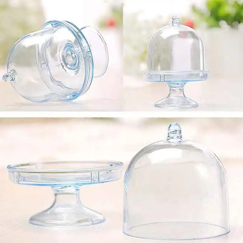 Clear plastic cake dome with matching pedestal base for elegant decorbites candy box tray and dining room party favors