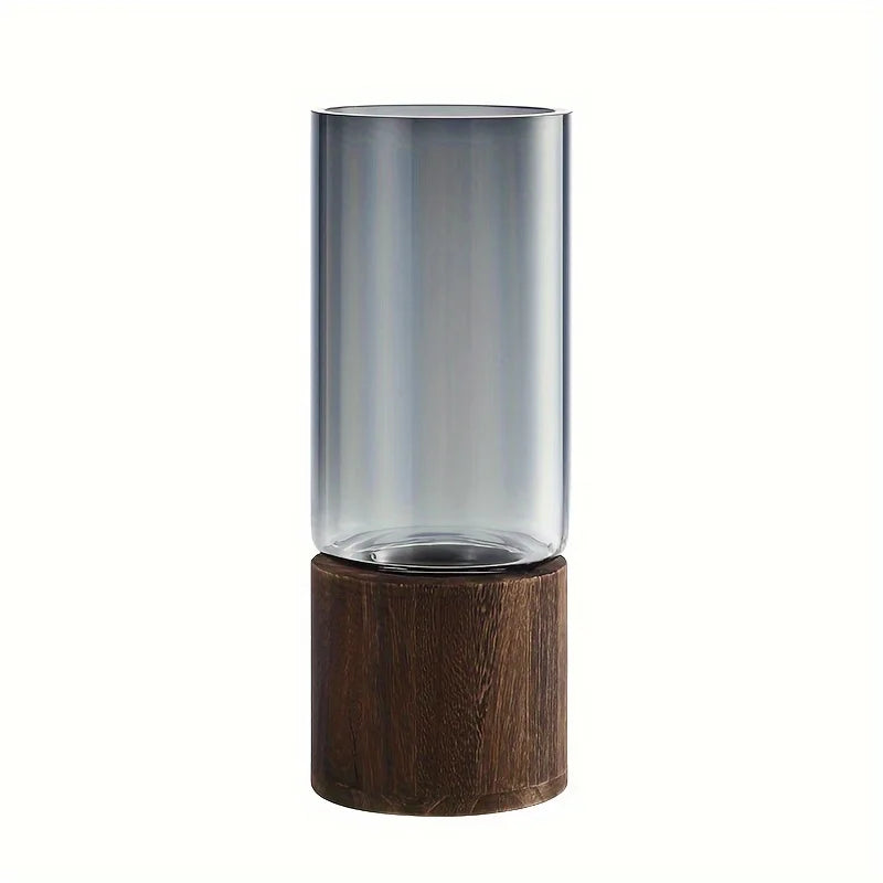 Elegant glass vase with dark gray gradient finish and wooden base for hydroponic plants and modern decor