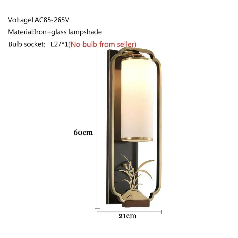 Elegant gold bamboo iron glass wall sconce with brass frame frosted glass lampshade and ornamental plant motif base