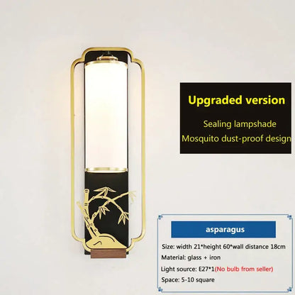 Elegant gold bamboo iron glass wall sconce with frosted glass lampshade and black base for living room decor