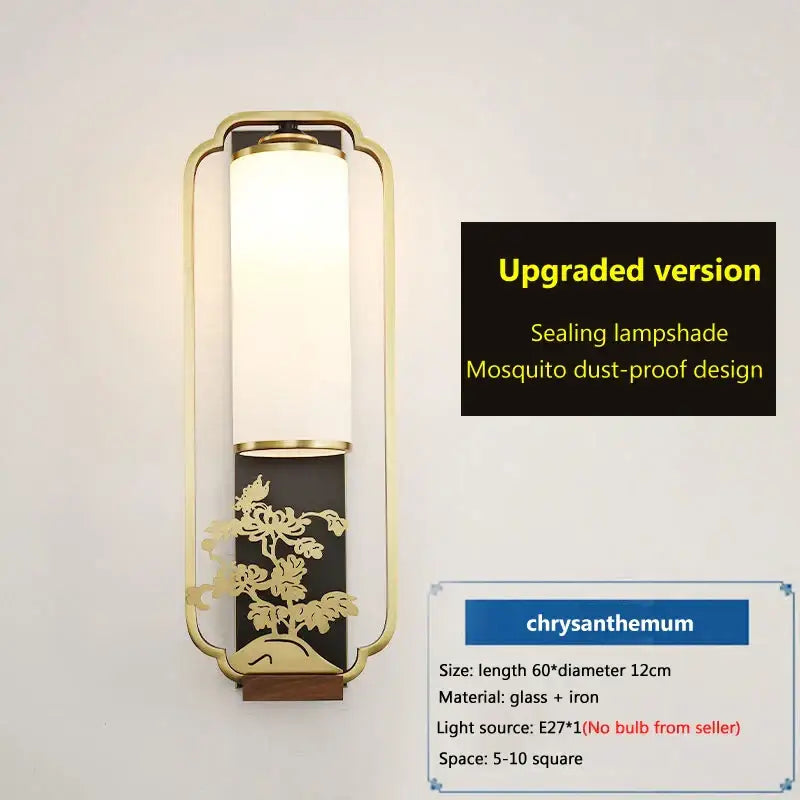 Elegant gold bamboo iron glass wall sconce with frosted glass lampshade and ornate chrysanthemum design for living room