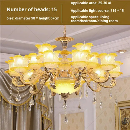 Elegant gold and blue decorbites elegant crystal chandelier with 15 yellow glass flower shades and crystal teardrops