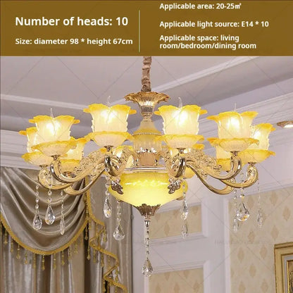 Elegant gold and blue decorbites elegant crystal chandelier with ten yellow glass flower shades and crystal teardrops for living room lighting