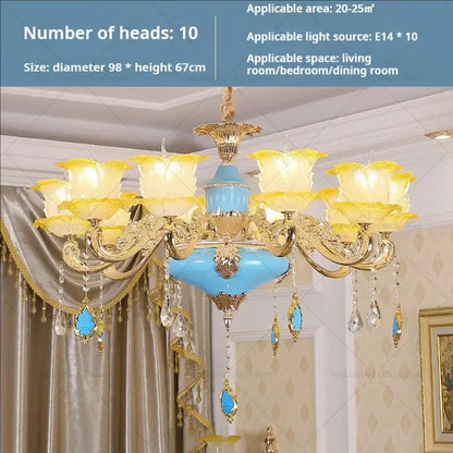 Elegant gold and blue crystal chandelier with ten glowing yellow glass flower shades and crystal droplets by decorbites elegant crystal