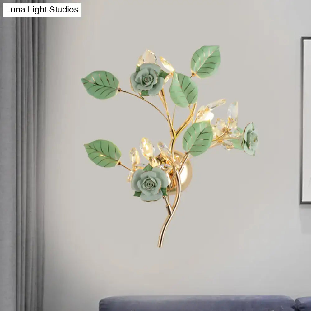 Elegant gold branch wall lamp with mint green sculpted roses and clear crystals direct wired electric bedroom sconce lighting
