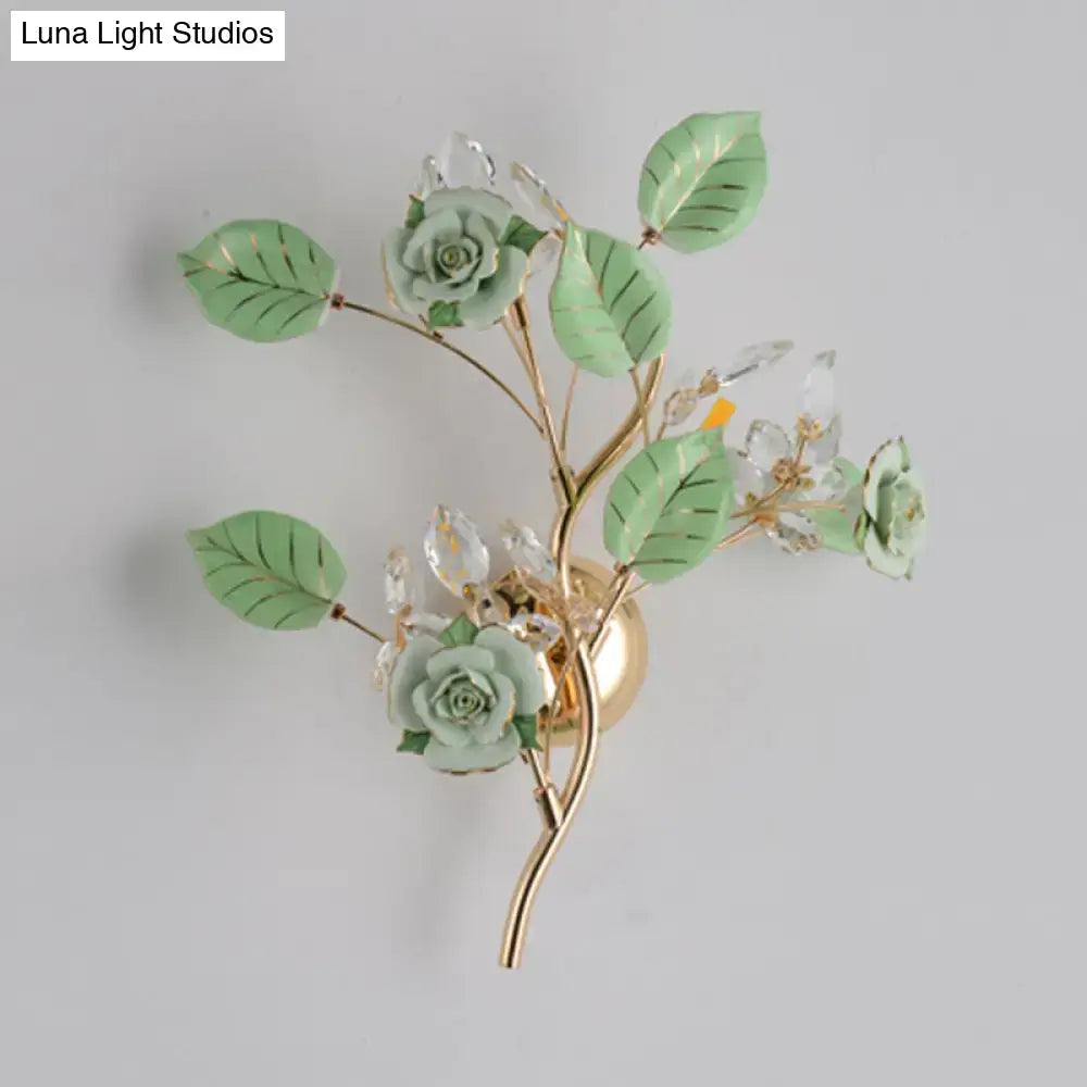 Elegant gold branch wall lamp with hand-painted mint green roses and clear crystal blossoms direct wired electric