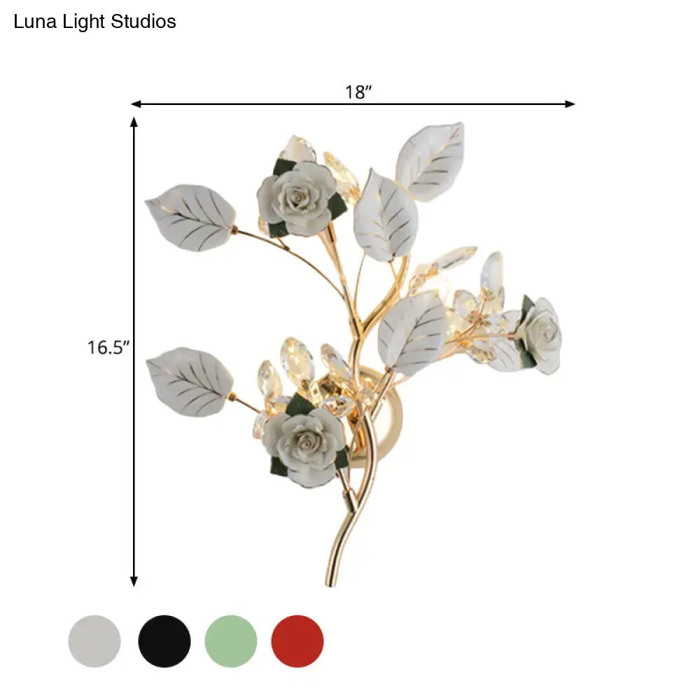 Elegant gold branch wall lamp with white ceramic roses and crystal accents direct wired electric for bedroom sconce lighting
