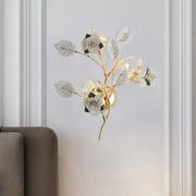 Elegant gold branch wall lamp with white rose and crystal accents direct wired electric sconce lighting for bedroom