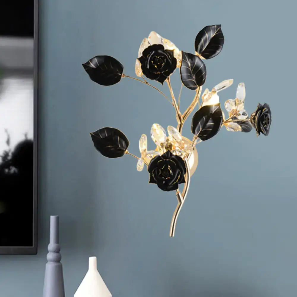 Elegant black rose wall lamp with gold branch metal and crystal accents for direct wired electric bedroom sconce lighting