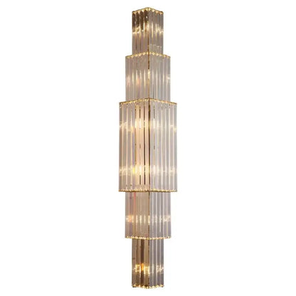 Elegant gold cascading crystal wall lamp with tiered rectangular glass panels and metallic frame for living room decorbites crystal wall