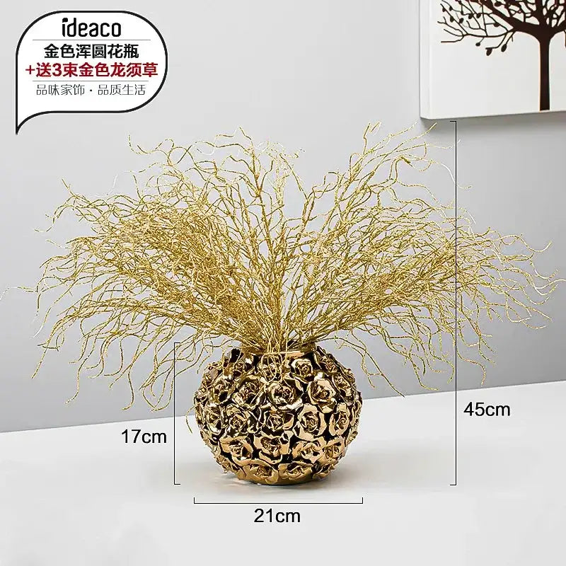 Gold ceramic rose round vase with metallic finish and golden dragon grass for elegant gold ceramic living room decorbites centerpiece