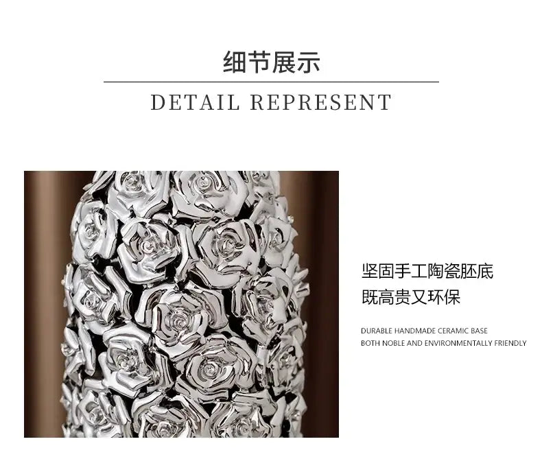 Silver ceramic vase with intricate three-dimensional rose motifs for elegant gold ceramic rose decorbites centerpiece