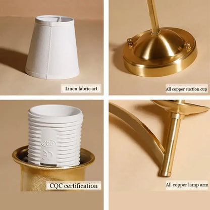 Elegant gold and cream fabric wall lamp with white linen lampshade and decorbites copper wall lamp base and arm