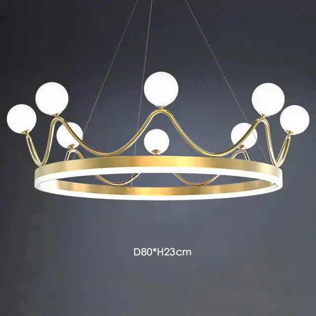 Elegant gold crown led chandelier with multiple white spherical bulbs and glowing circular base for kids room pendant light