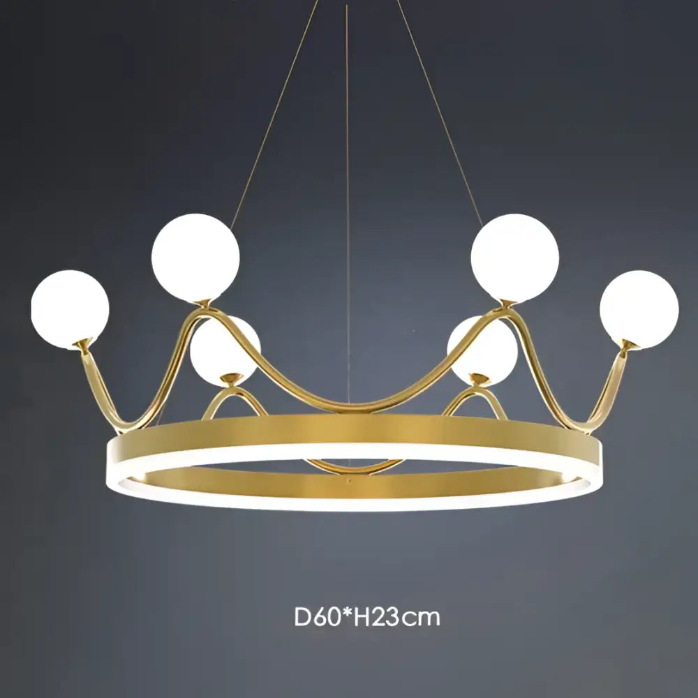 Elegant gold crown led chandelier featuring six white glass globe lights designed for kids room pendant lighting