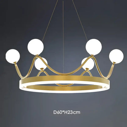Elegant gold crown led chandelier featuring six white glass globe lights designed for kids room pendant lighting