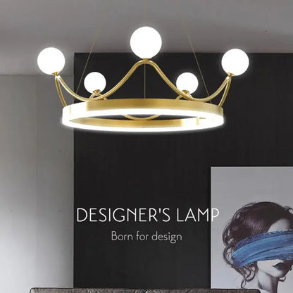 Elegant gold crown led chandelier with five white globe bulbs for kids room pendant lighting