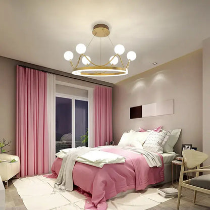 Elegant gold crown led chandelier with circular frame and spherical bulbs designed for kids room pendant light